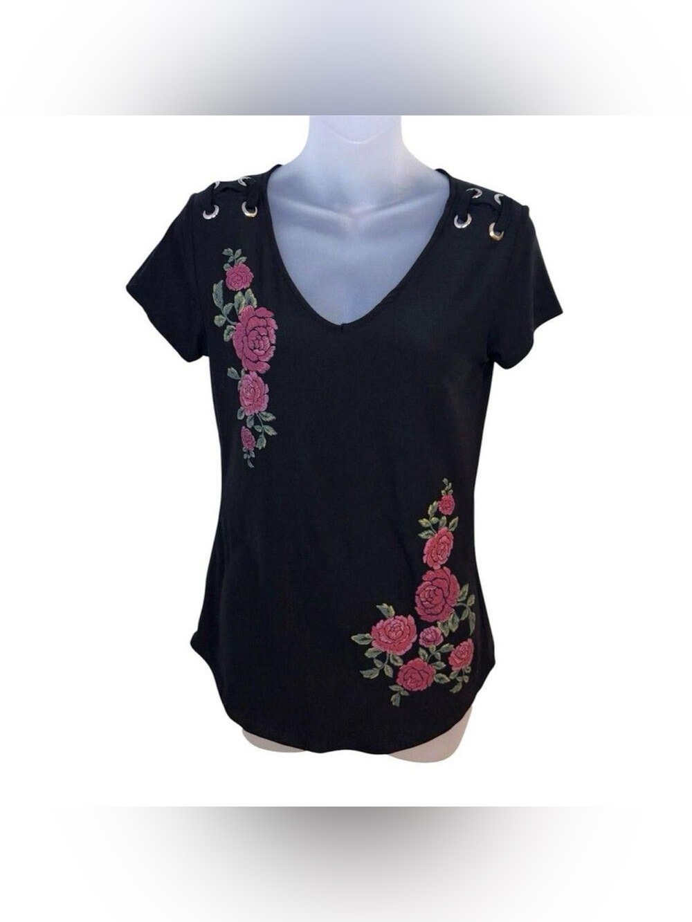 No Boundaries M Black Floral Embroidered Lace Up Shoulder V Neck Top